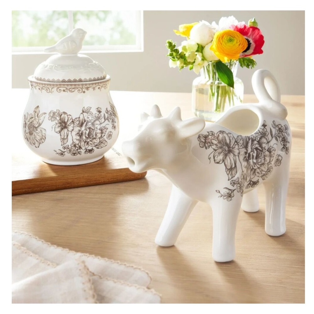 The Pioneer Woman Agatha Brown Floral Sugar Bowl & Cow Creamer Set - New In Box